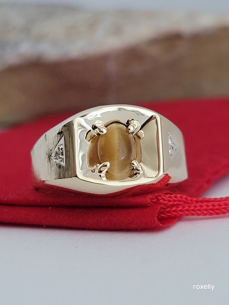 ❤️10k Size 8.75 Beautiful Solid Yellow Gold Tiger Eye and Genuine Diamond Ring!/ Anillo de Oro con 1 Ojo de Tigre y Diamantes! 👌🎁Post Tags: 10k 14k