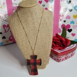 Anthropologie Long Necklace Red Plaid Large Cross 