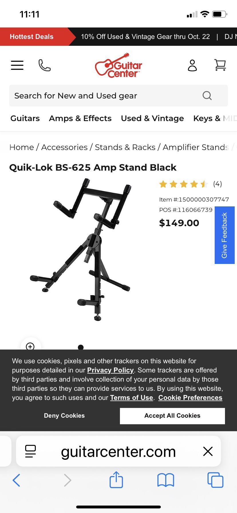 Quik-Lok BS-625 Amp Stand Black