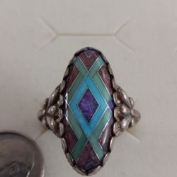 Carolyn Pollock Relios Southwestern Sterling Silver Multi-stone Mosaic Inlay Ladies Ring Size 8.5