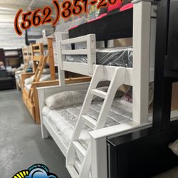 Twin / Full Premium White Solid Wood Bunk Bed Litera 