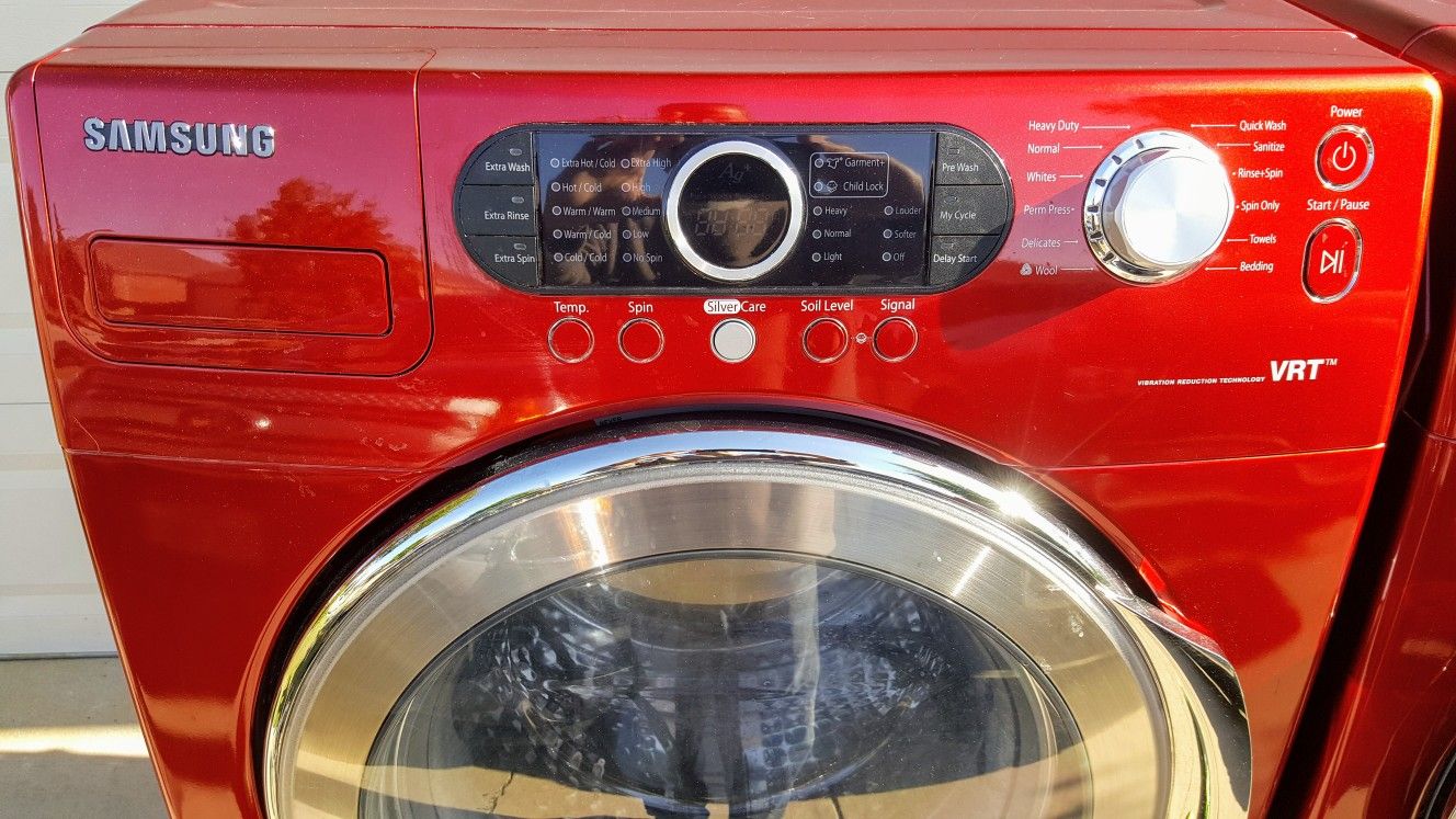 RED SAMSUNG FRONT LOAD WASHER & ELECTRIC DRYER WITH PEDESTALS for Sale