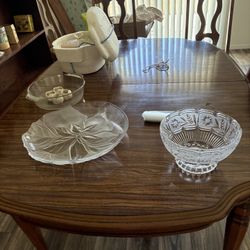 Table With Leaf Extension And 5 Chairs , Two Extendable End Tables, Brass Lamps, Modern Lamps With Blue Glass, Record Player, Cassette Tapes, C