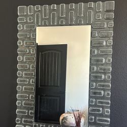 Rare Vintage MCM Undulated Aquamarine Molded Glass Framed Mirror Made In Italy