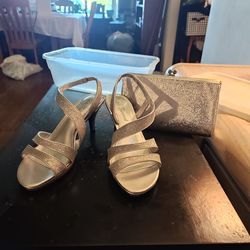 Silver heels and clutch
