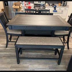 6 Piece  Dark Colored  Black/Gray Solid Wood Rectangular Dining Table with Drawers, 4 Dining Chairs And Bench💯 New Brand🤩Financing☑️On Display🏠
