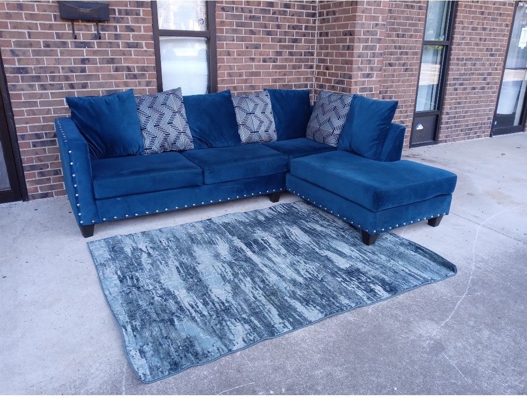 Blue Studded Sectional Sofa with Chaise – Modern & Stylish