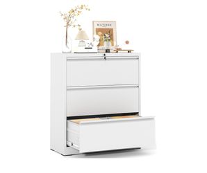 Z279-3 Drawer File Cabinet,Metal Lateral Filing Cabinet with Lock,Home Office Storage Organizer Cabinet for Legal/Letter/A4/F4 Size Files,35.5" W,Whit