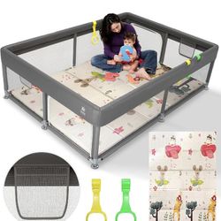 Brand New Baby Playpen with Mat Included - Durable Baby Play Yard with 2 Playpen Pull Up Rings, 2 Toy Storage Nets, and Non Slip Bottom Suction Large