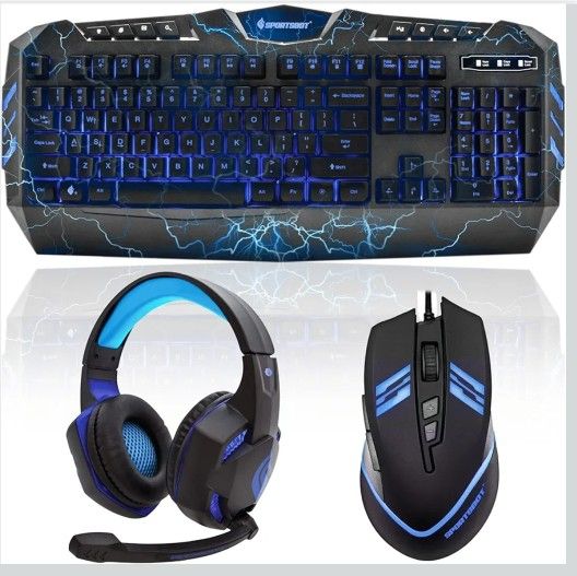Soundbot SportsBot SS301 Blue LED Gaming Over-Ear Headset Headphone, Keyboard & Mouse Combo Set w/ 40mm Speaker Driver, Microphone, Multimedia Keys & 