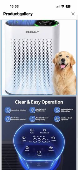 ECOSELF Air Purifier for Large Rooms Up to 2,400 Sq Ft, 360° Air Intake, HEPA Filter, White