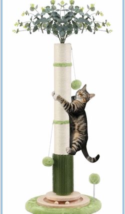 45'' Extra Tall Cat Scratching Post for Large,Heavy Duty Scratcher Tree 3.5'' Natural Sisal,Wood Base,Climbing Pole Full Body Stretching,Artificial Fl
