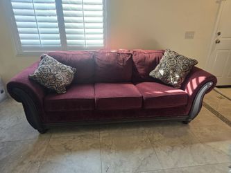 Burgundy Fabric Sofa with Wood Trim
