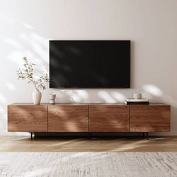 BRAND NEW Walnut Modern 4-Door TV Stand Storage Credenza