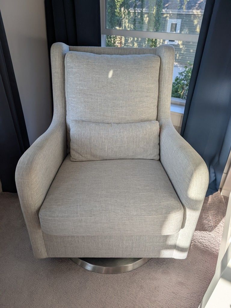 Crate And Barrel Kids Milo Grey Nursery Swivel Glider Chair with Silver Base