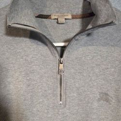 Burberry men's light grey cotton blend half-zip sweatshirt with an embroidered logo. 
