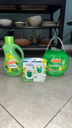 Gain Flings, Gain Fabric Softener, Febreze Bathroom Small Spaces 2 Pack
