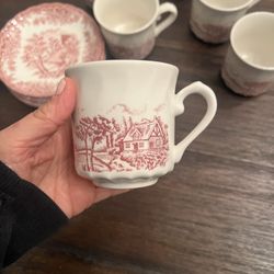 Vintage Style Red Transferware Espresso Cups & Saucers Set of 6