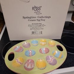 Russ Berrie Easter Deviled Egg Plate Pastel Ceramic Handled Multicolor 13" x 9"