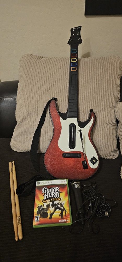 Wireless Guitar Hero 5 Guitar for Xbox 360, World Tour Game, Microphone & Drum Sticks
