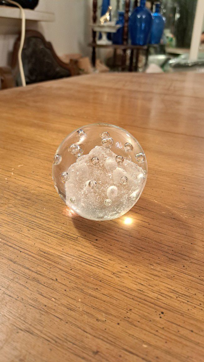 Vintage Clear Bubbles Round Crystal Ball Paperweight Infused With Air Bubbles & A Cloud
