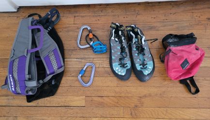 Womens Climbing Harness And Shoes, Includes Chalk Bag, Belay Devices And Carry Bags