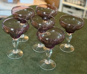 Vintage Purple Amethyst Hand Blown Crystal Margarita Glasses (set of 6)