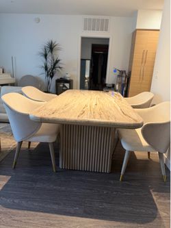 Table with 4 chairs, marble shiny top