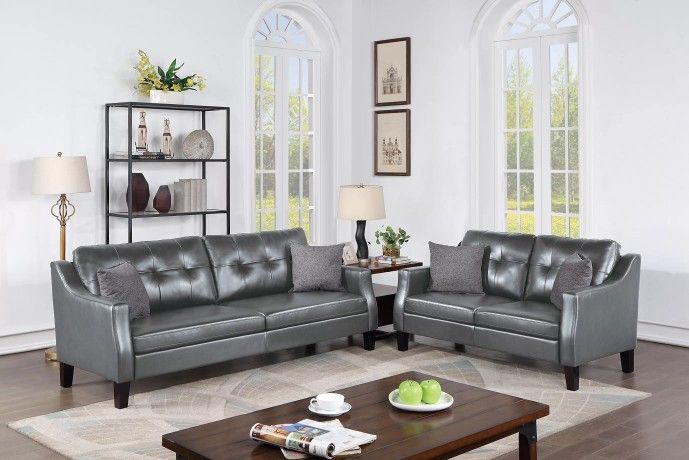 Brand New Grey Leather Sofa & Loveseat 