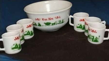 Vintage Hazel-Atlas Milk Glass Egg Nog Set Punch Bowl & 6 Mugs Christmas Village