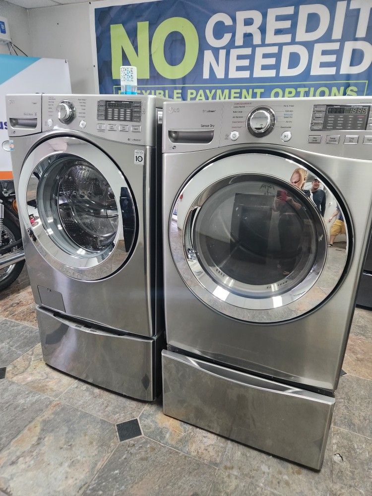 LG SET STEAM WASHER AND ELECTRIC DRYER STAINLESS STEEL LARGE WITH SIDEKICK PEDESTAL DOUBLE WASHER