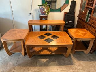 Vintage Oak 4-Piece Living Room Table Set – Coffee, 2 End Tables + Sofa Table
