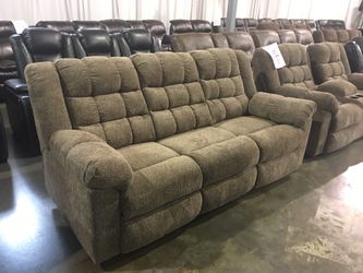 Tan Beige Fabric 2PC Reclining Sofa and Loveseat Set