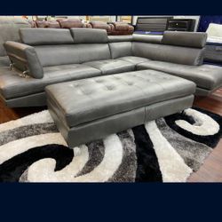 Ibiza Gray Leather Sectional Sofa W/Ottoman---Only $899---Wow!!!---Delivery Available 