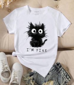 Cute Cat Print T Shirt For Girls/Women - Small 