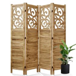 Room Divider Wood Carved Wall Divider Indoor Folding Portable Partition Screen for Home Office Garden Terrace - 4 Panel, 67 * 60inch (Wood) (4)
