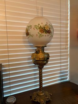 Antique Brass Oil Lamp with Floral Globe Shade
