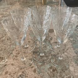 Set Of 6 Etched Wine Glasses, Lead Crystal