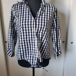 NWOT Ann Klein Women's Blue And White Plaid Button Up Blouse Top Size: Small 