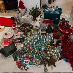 Christmas Holiday Decor Lot Balls Ornaments Trees Toppers Sleighs Candles Ribbon and More