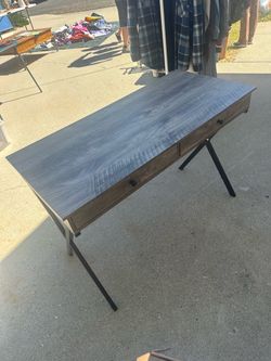 Modern Farmhouse Wood Writing Desk with Drawers & Angled Black Metal Legs