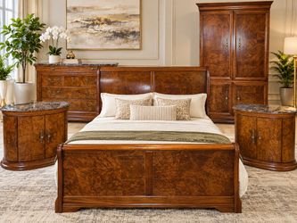 Luxury Burl Wood Bedroom Set – Bed, Dresser, Armoire & 2 Nightstands