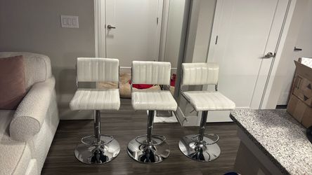 Set of 3 White Leather Adjustable Swivel Bar Stools