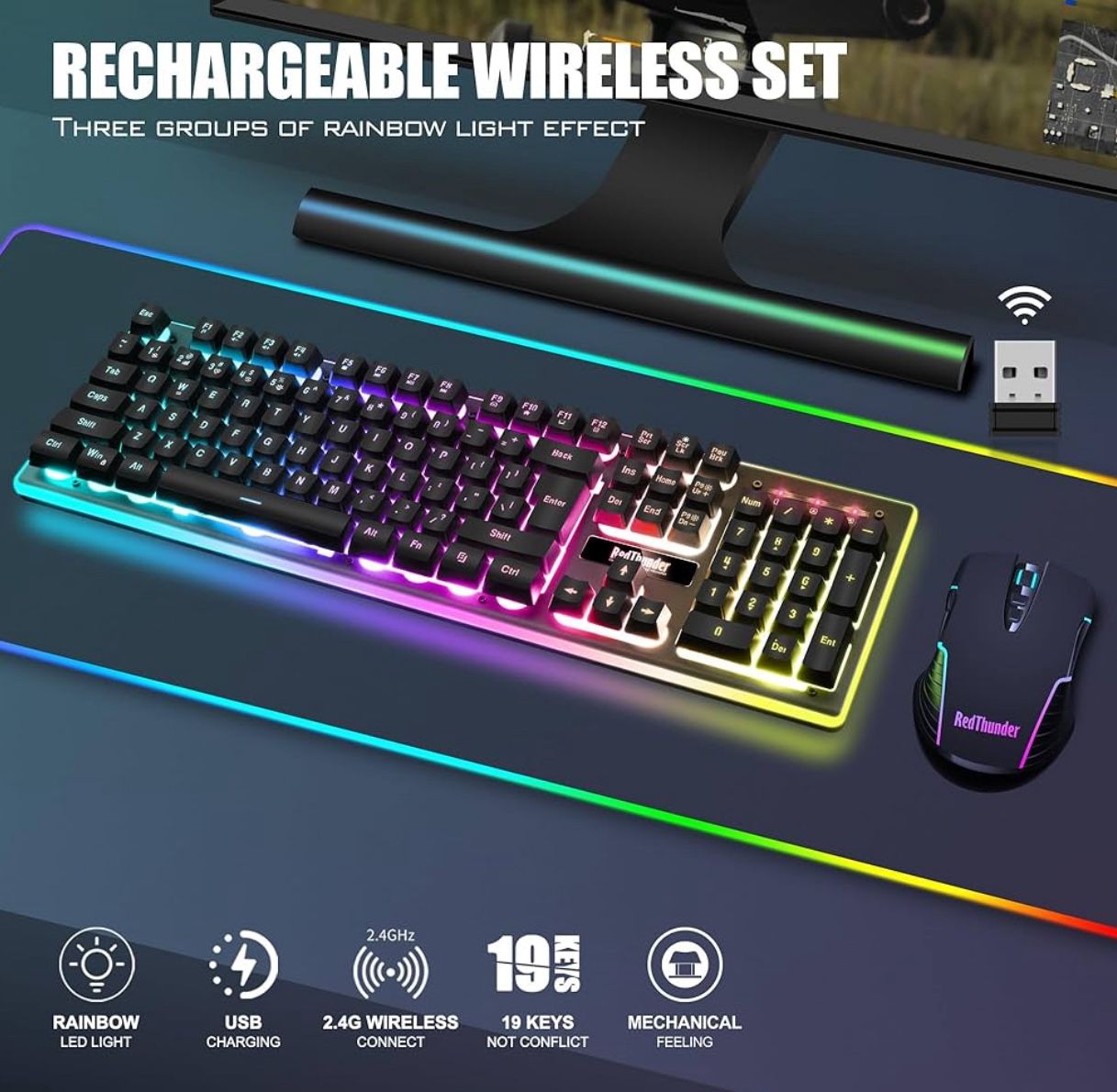 Wireless Gaming Keyboard and Mouse Combo, LED Backlit Rechargeable 3800mAh Battery, Mechanical Feel Anti-ghosting Keyboard + 7D 3200DPI Mice for PC Ga