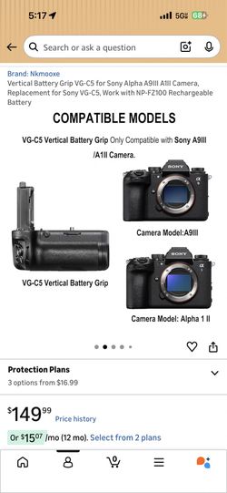 New Sony A9III/A1II Vertical Battery Grip VG-C5 Replacement