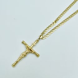 14k Gold Cuban Link Chain With Cross Pendant 
