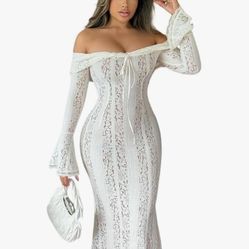 🤍 White Lace Off-Shoulder Maxi Dress – Worn Once (Baby Shower)