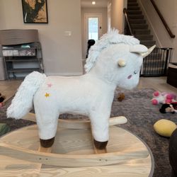  Rocking Horse: Plush Ride on Unicorn with Realistic Sounds & Wooden Base for Years 2-4, White