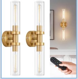 SantosStock Gold Battery Operated Wall Sconce Set of 2, 12000mAh Rechargeable Wall Lights with Remote Control, Wireless Dimmable Wall Lamps for Bedroo