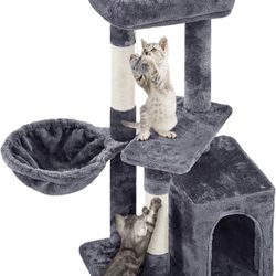 34in Cat Tree Cat Tower, Modern Cat Scratching Post with Cozy Condo & Warm Basket as Cat Activity Center Bed Furniture for Indoor Cats and Kittens 592
